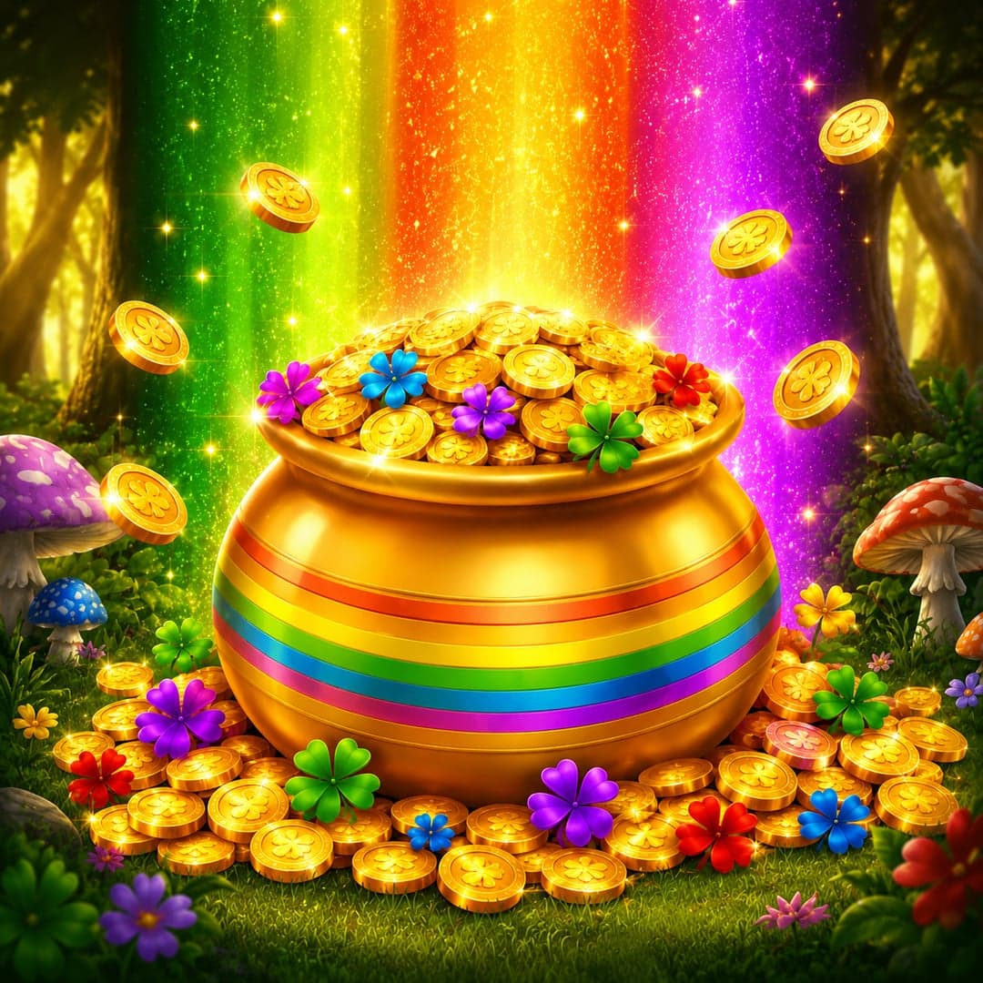 3 Lucky Rainbows Action Boost SpinUP key art — Irish luck, rainbows, leprechauns, pots of gold themed slot by SpinPlay Games, 2025