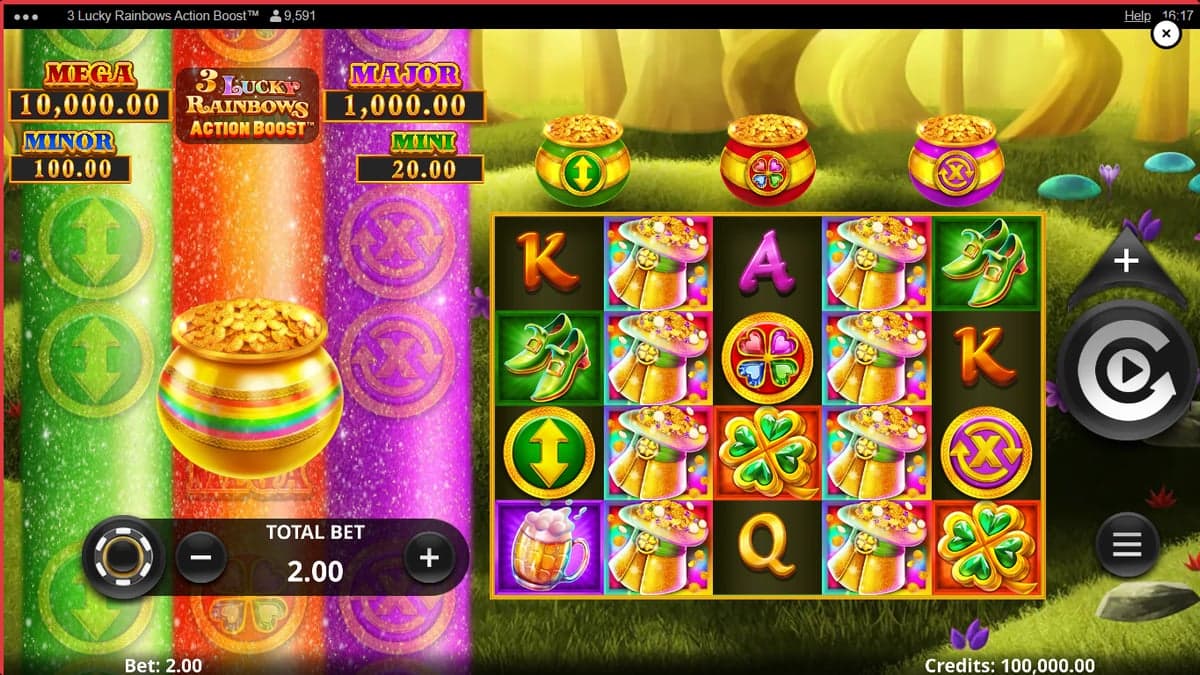 3 Lucky Rainbows Action Boost SpinUP base game screenshot — 5×4 reels