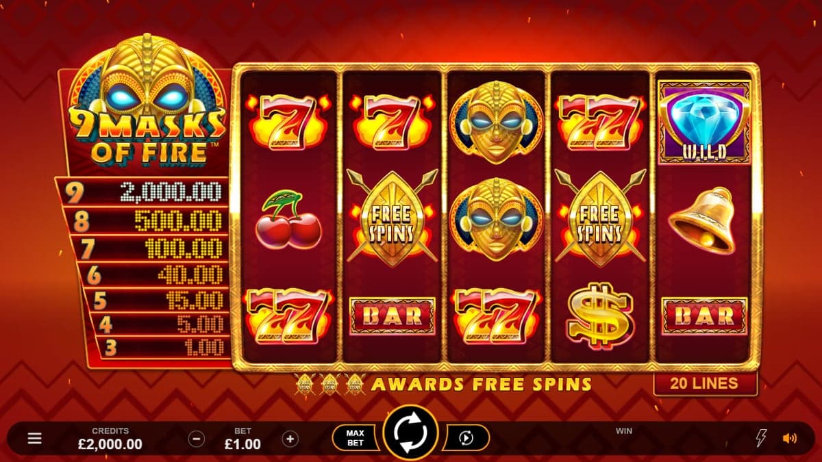 9 Masks of Fire base game screenshot — 5×3 reels