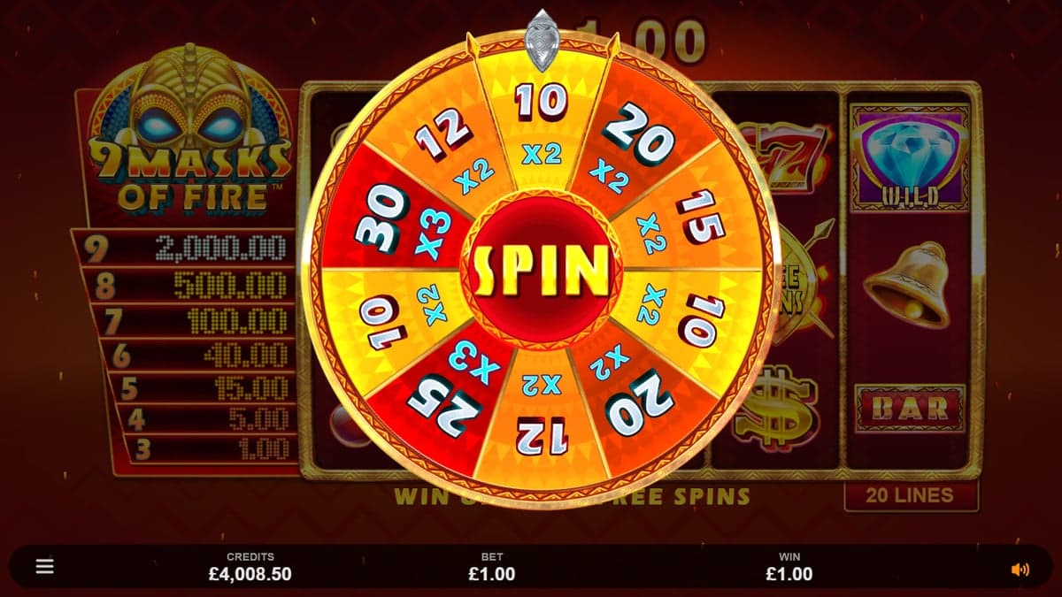 9 Masks of Fire bonus round screenshot — free spins feature