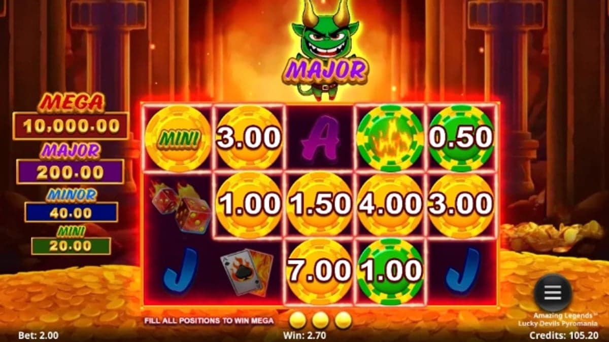 Amazing Legends: Lucky Devils Pyromania base game screenshot — 5×3 reels