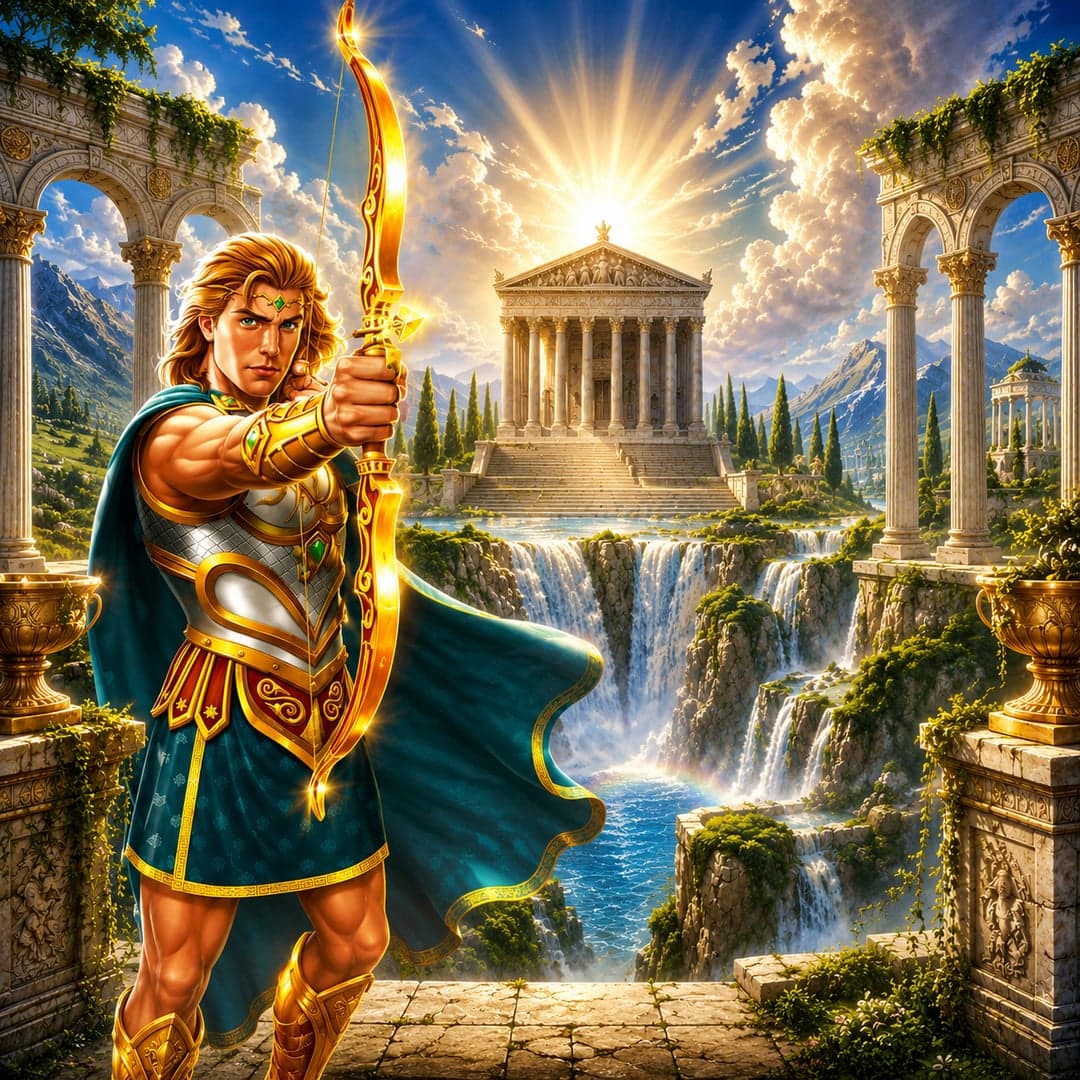 Amazing Link Apollo's Fortune key art — Greek mythology — Apollo, Mount Olympus and divine sun treasures themed slot by SpinPlay Games, 2025