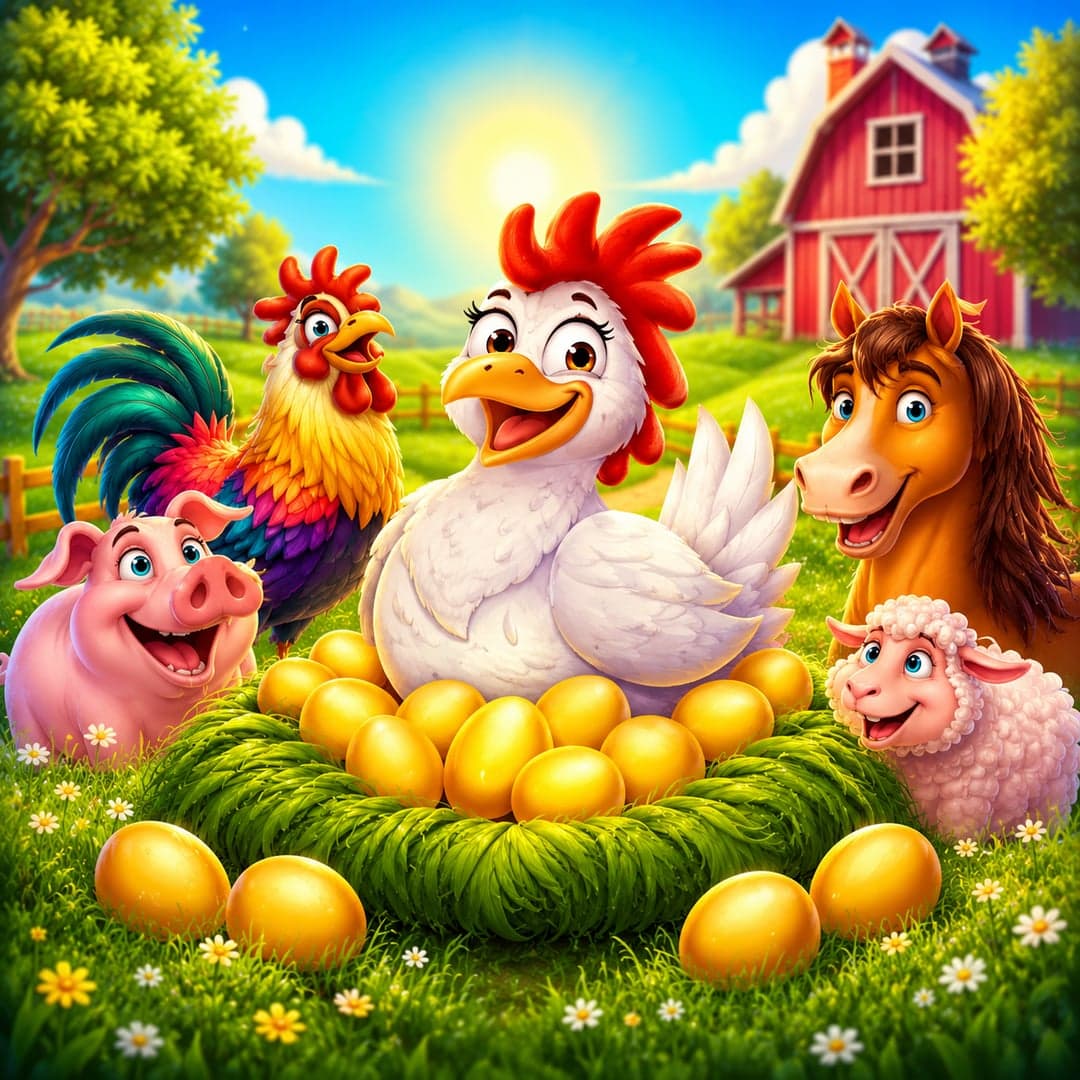 Amazing Link Cluckin' Riches key art — Farm — farmyard animals, barnyard comedy and golden egg treasures themed slot by SpinPlay Games, 2025