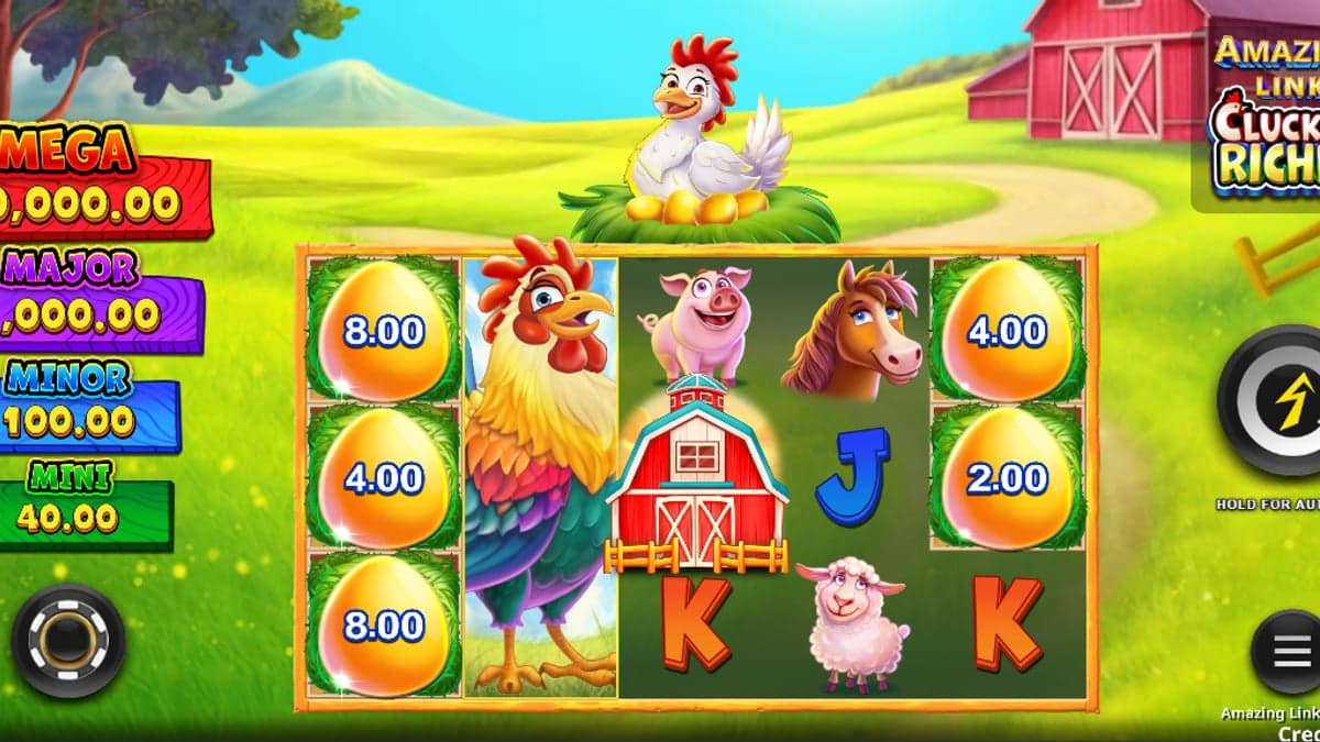 Amazing Link Cluckin' Riches base game screenshot — 5×3 reels