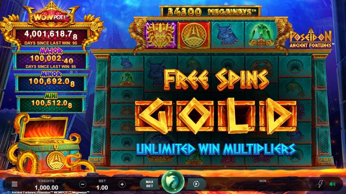 Ancient Fortunes: Poseidon Megaways WowPot base game screenshot — 6×7 reels, jackpot meter at top