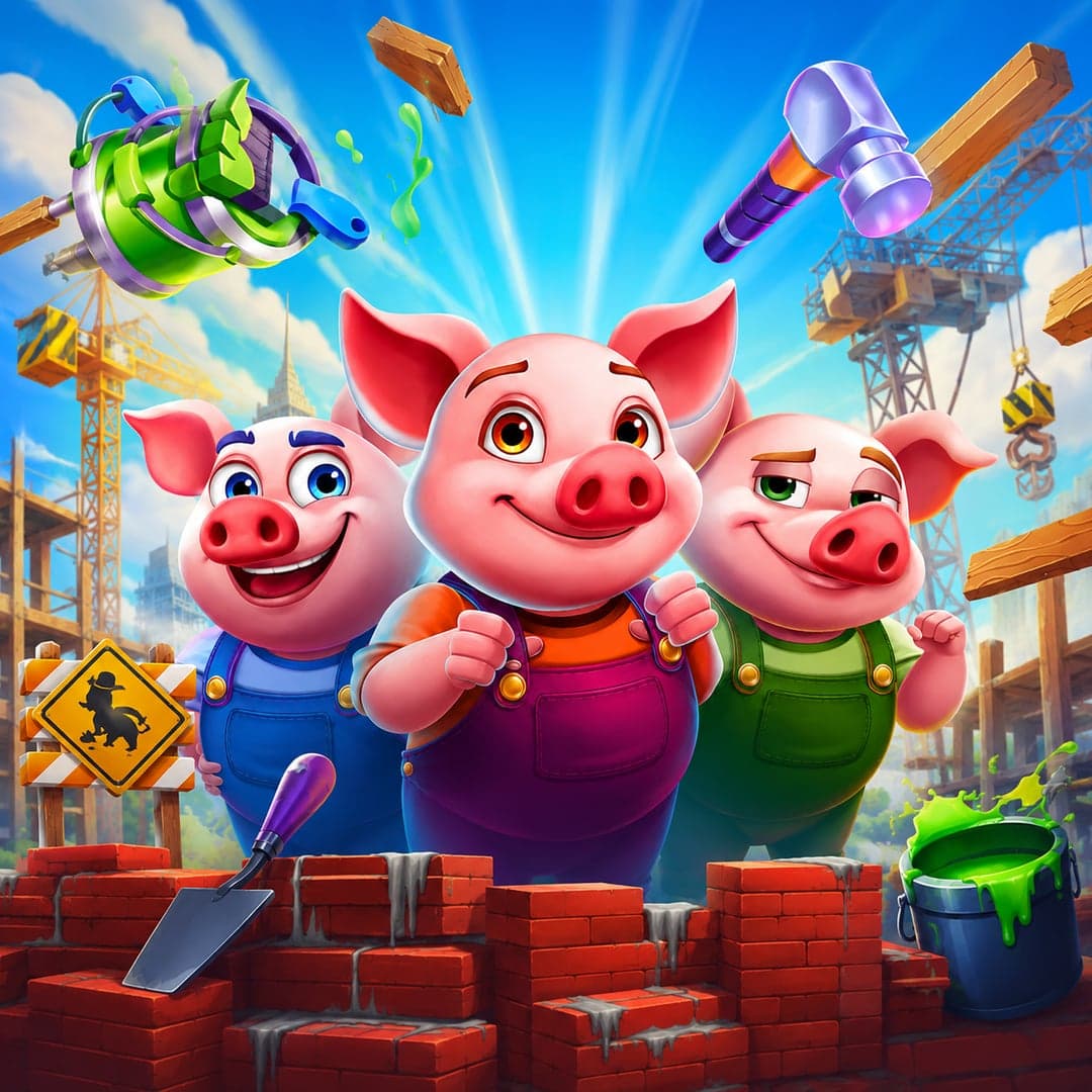 Area Build'R 3: Lucky Pigs key art — Three Little Pigs — construction site themed slot by Area Vegas, 2025
