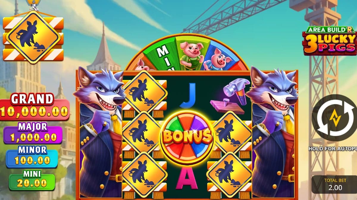 Area Build'R 3: Lucky Pigs base game screenshot — 5×3 reels