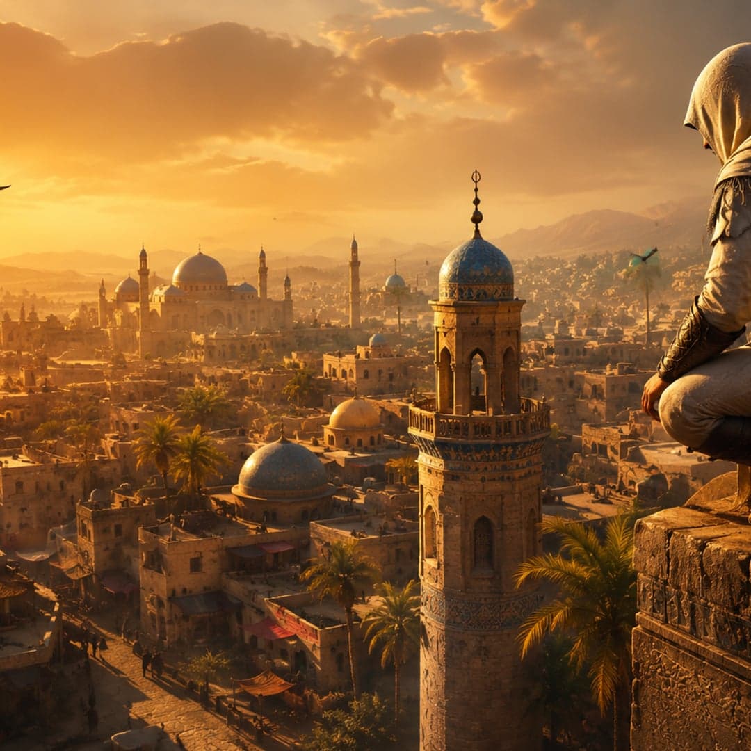 Assassin's Creed Mirage × Gold Blitz Ultimate DOUBLE X key art — Assassin's Creed — ninth-century Baghdad themed slot by Fortune Factory Studios, 2026