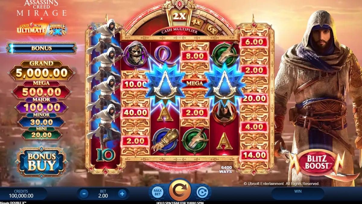 Assassin's Creed Mirage × Gold Blitz Ultimate DOUBLE X base game screenshot — 6×4 reels