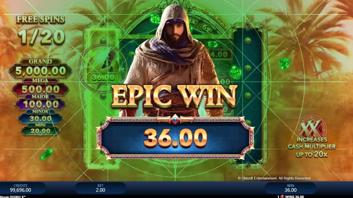Assassin's Creed Mirage × Gold Blitz Ultimate DOUBLE X bonus round screenshot — free spins feature