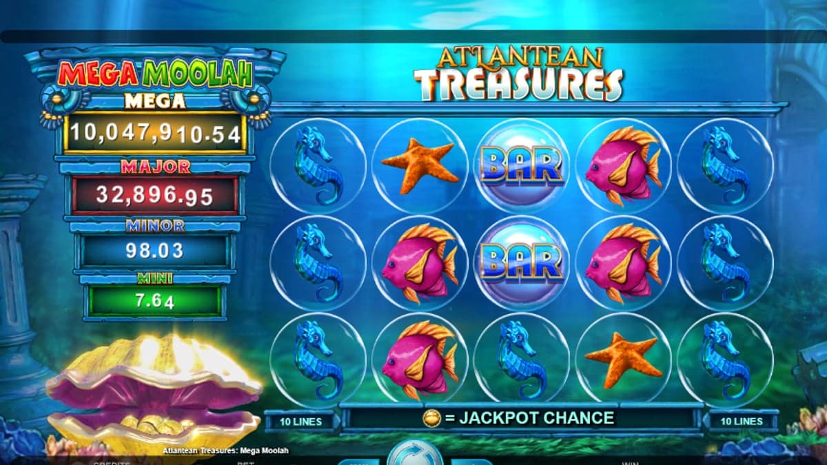 Atlantean Treasures Mega Moolah base game screenshot — 5×3 reels, jackpot meter at top