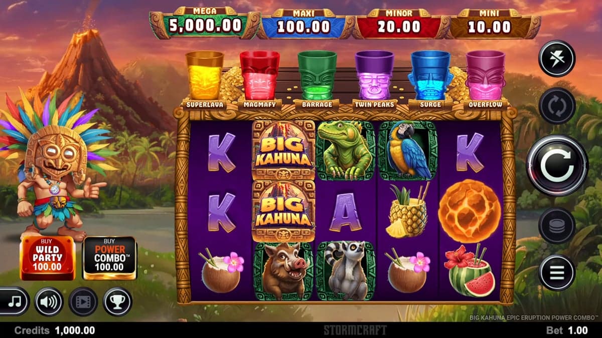 Big Kahuna Epic Eruption Power Combo base game screenshot — 5×3 reels