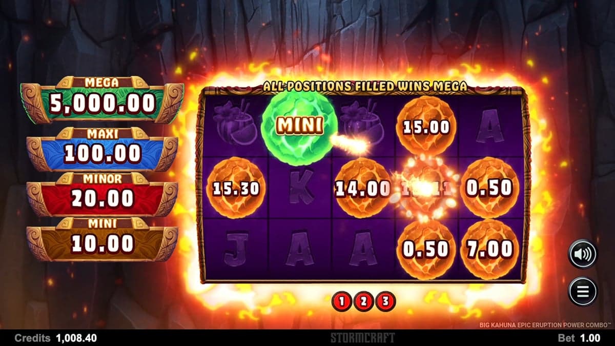 Big Kahuna Epic Eruption Power Combo bonus round screenshot — free spins feature