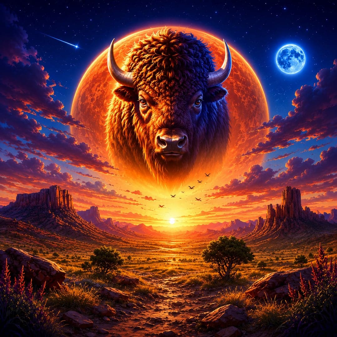 Bison Moon Power Combo key art — Wild frontier, Great Plains — bison, eagles and moon imagery themed slot by Northern Lights Gaming, 2025
