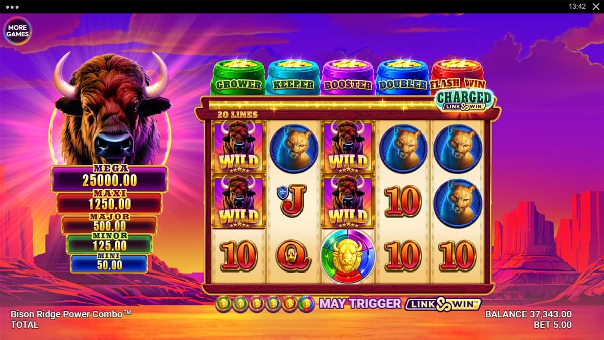 Bison Ridge Power Combo base game screenshot — 5×3 reels