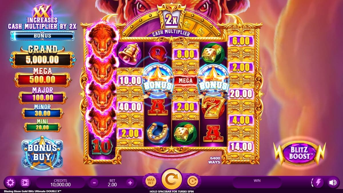 Blazing Bison Gold Blitz Ultimate Double X base game screenshot — 5×4 reels