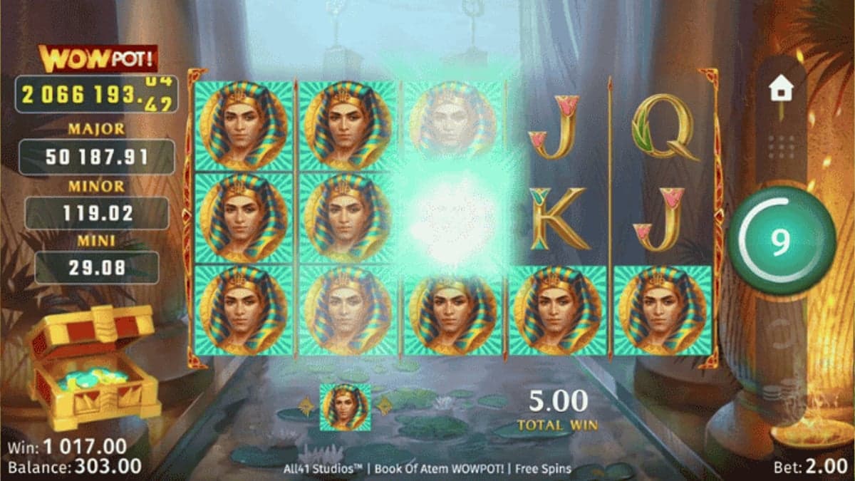 Book of Atem WowPot base game screenshot — 5×3 reels, jackpot meter at top