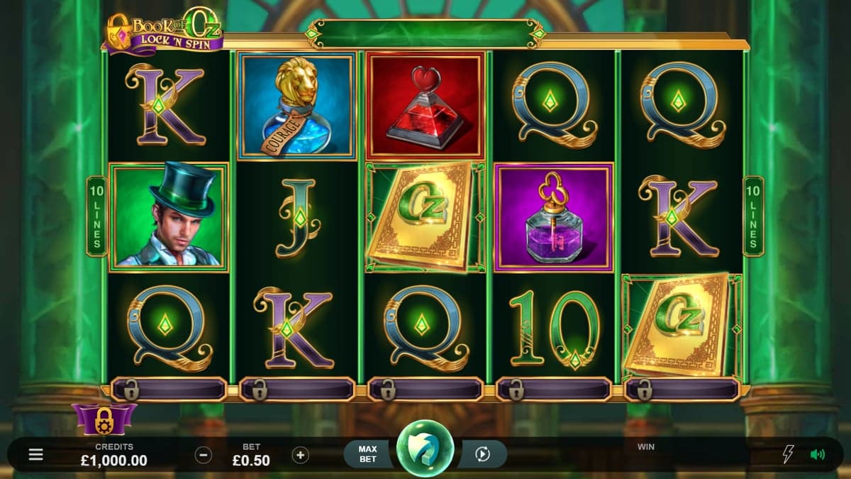 Book of Oz Lock 'N Spin base game screenshot — 5×3 reels