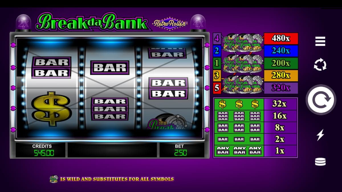 Break Da Bank Retro Roller base game screenshot — 3×3 reels
