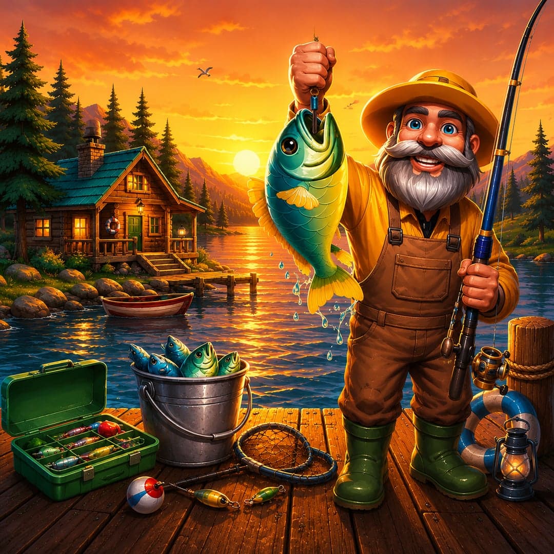 Bucket of Bass key art — Fishing — cartoon underwater aesthetic with bass, seagulls and fishing rods themed slot by High Limit Studio, 2025