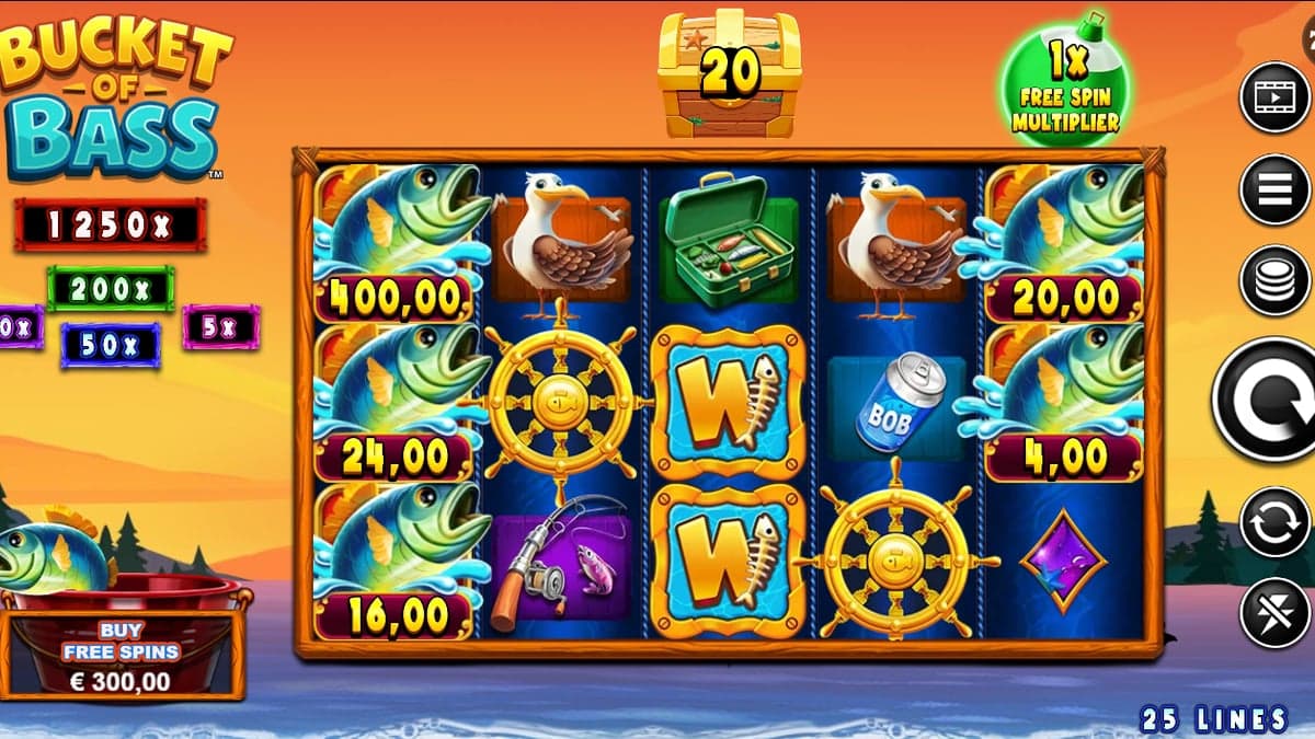 Bucket of Bass base game screenshot — 5×3 reels