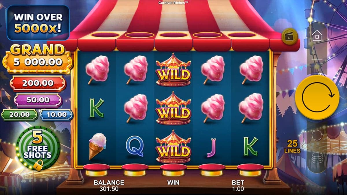 Carnival Riches base game screenshot — 5×3 reels