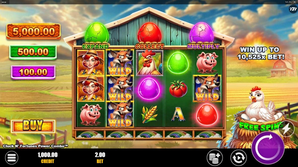 Cluck N' Fortunes Power Combo base game screenshot — 5×4 reels