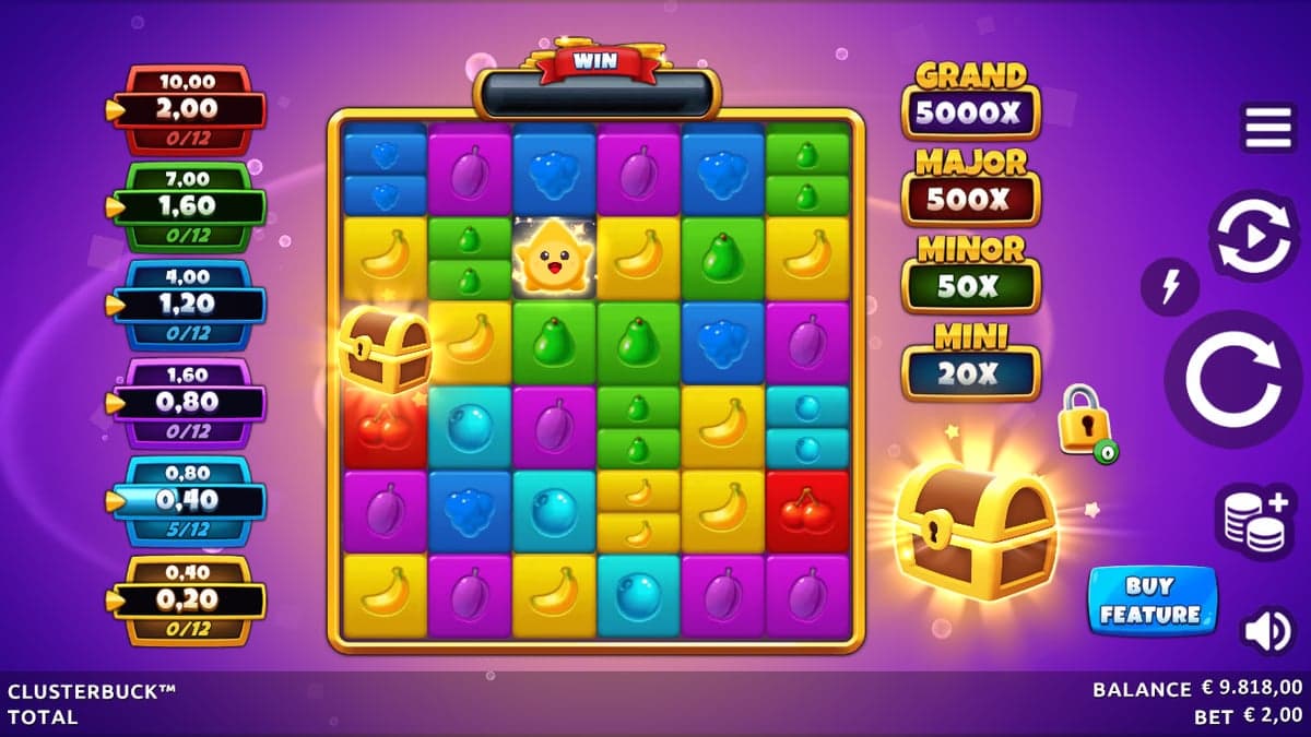 ClusterBuck base game screenshot — 6×6 reels