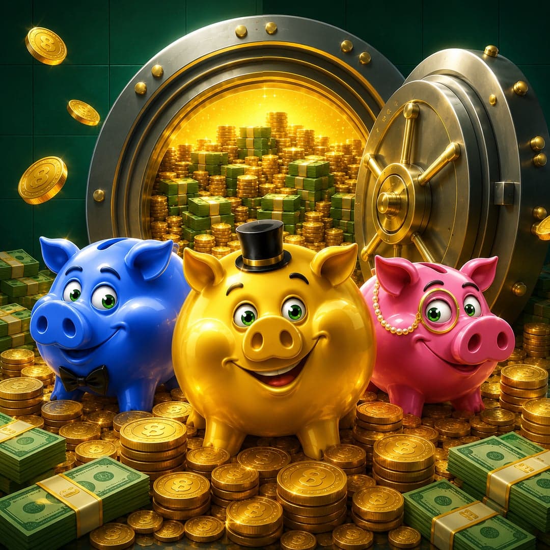 Coin Collect: Piggy Patrons key art — Piggy banks, coins and gold — a money-collector pub theme with three patron pig characters themed slot by All For One Studios, 2025