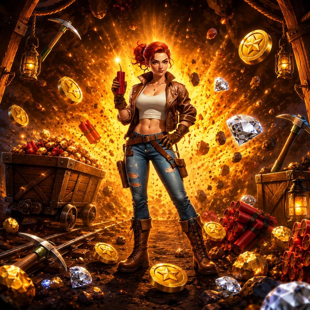 Explosive Frenzy key art — Underground gold mine with explosives and a dynamite-wielding prospector themed slot by Nailed It! Games, 2025