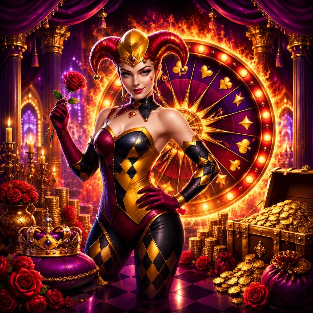 Fire and Roses Joker 2 All-In King Millions key art — Joker / cabaret casino with roses, diamonds and card suits themed slot by Triple Edge Studios, 2025