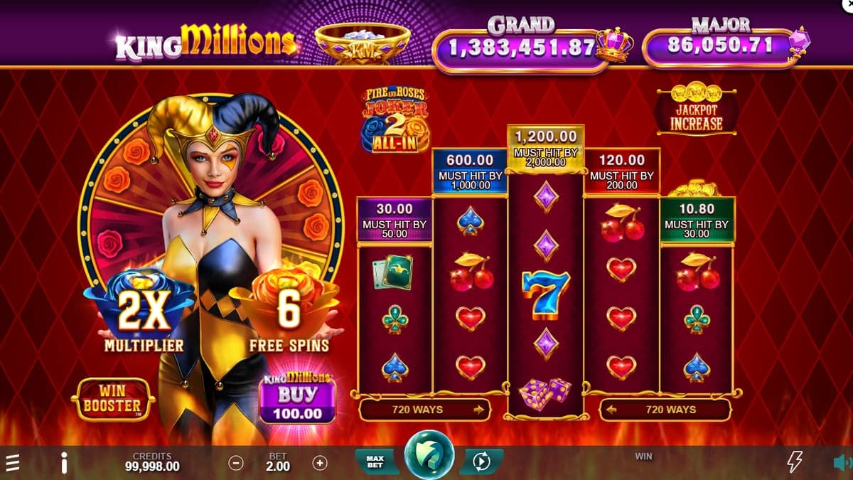 Fire and Roses Joker 2 All-In King Millions base game screenshot — 5×3 reels, jackpot meter at top