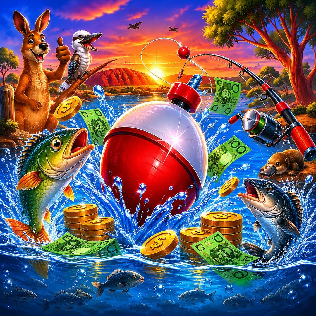 Fishing Floats Down Under Connectify Pays key art — Australian outback fishing adventure — kangaroos, koalas, platypus and exotic birds at a lakeside themed slot by Gold Coin Studios, 2025