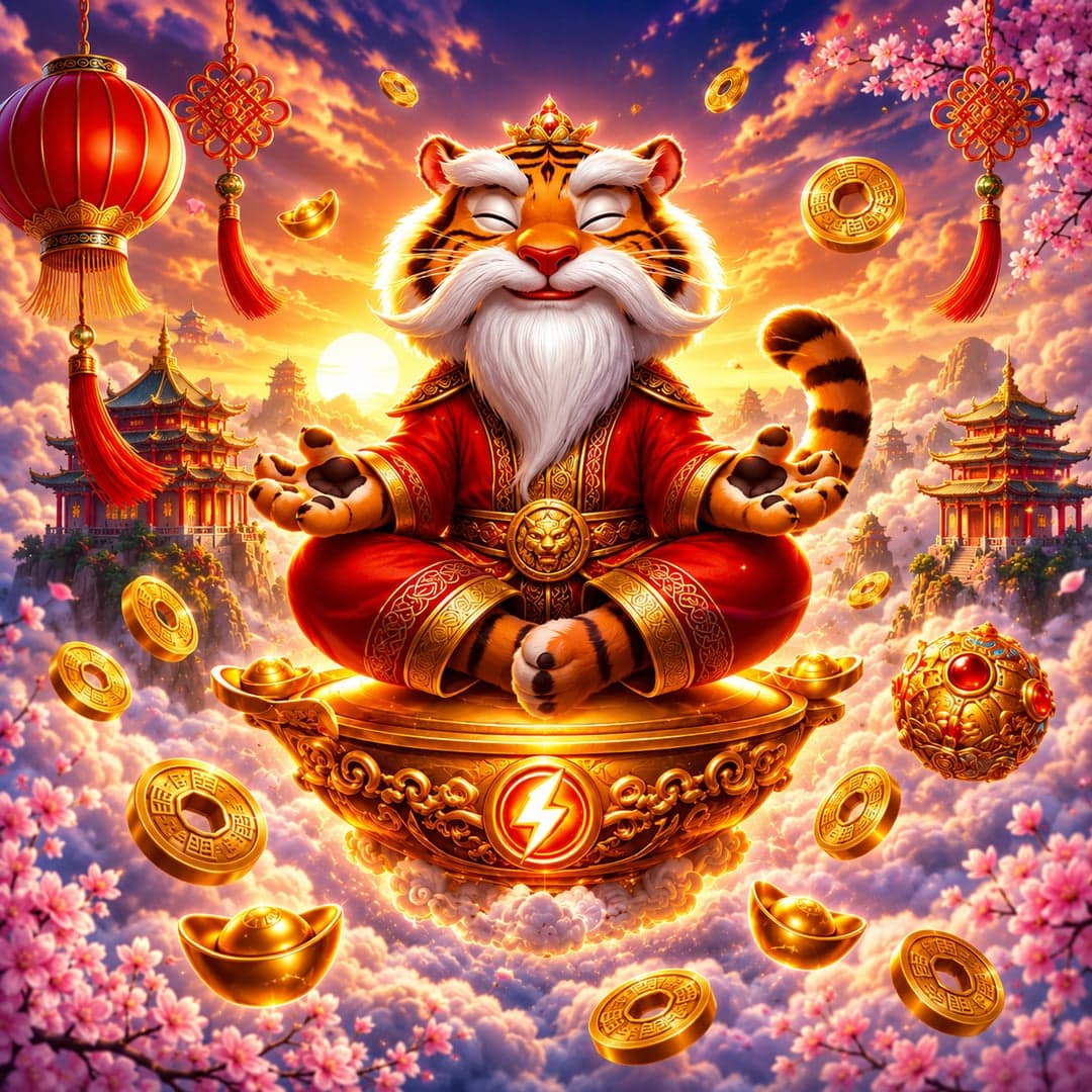 Floating Tiger Gold Blitz Fortunes key art — Asian-inspired — a meditating tiger floating above clouds with golden reels and traditional East Asian architecture themed slot by Fortune Factory Studios, 2025