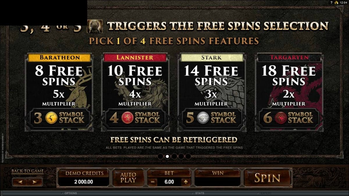 Game of Thrones bonus round screenshot — free spins feature