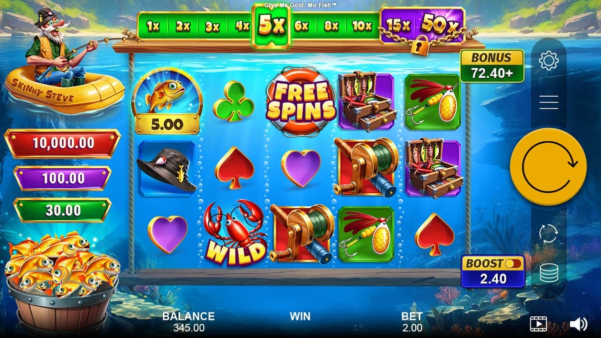 Give Me Gold: Mo Fish base game screenshot — 5×3 reels