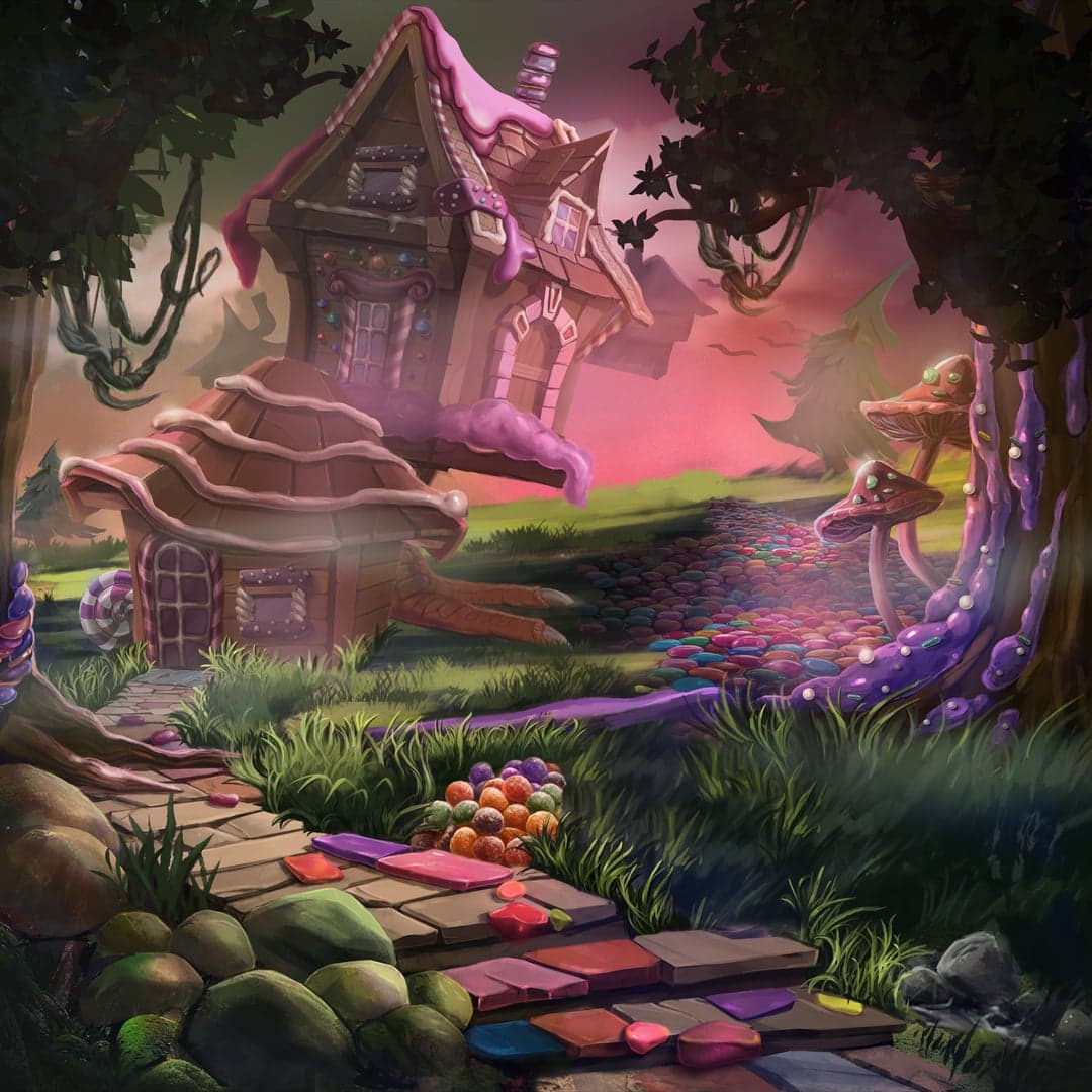 Hansel & Gretel Treasure Trail key art — Fairy tale — Brothers Grimm, Hansel, Gretel and the candy house themed slot by 2by2 Gaming, 2018
