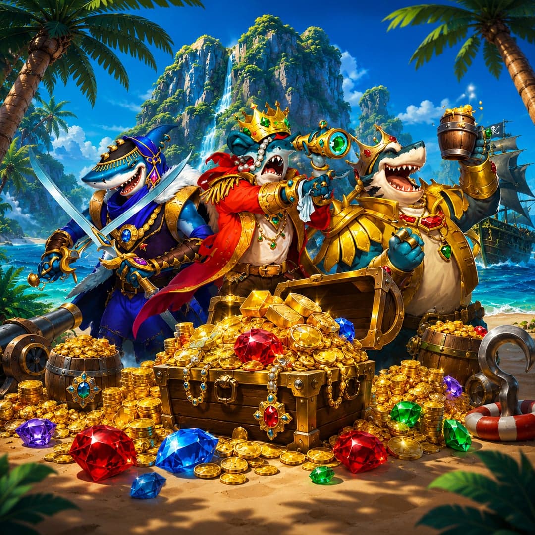 Jaws and Jewels Power Combo key art — Pirate sharks and underwater treasure hunt — three cartoon shark characters in a tropical bay themed slot by INO Games, 2025