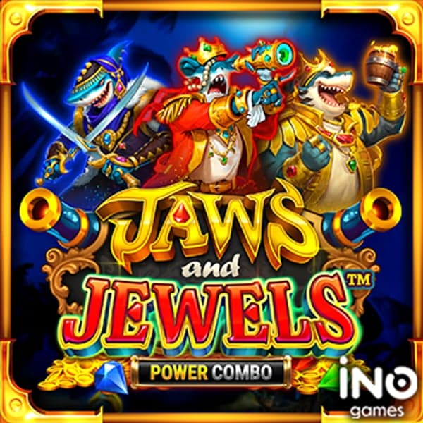 Jaws and Jewels Power Combo — Pirate sharks and underwater treasure hunt — three cartoon shark characters in a tropical bay themed slot