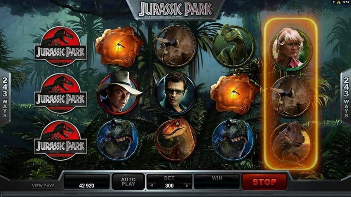 Jurassic Park base game screenshot — 5×4 reels