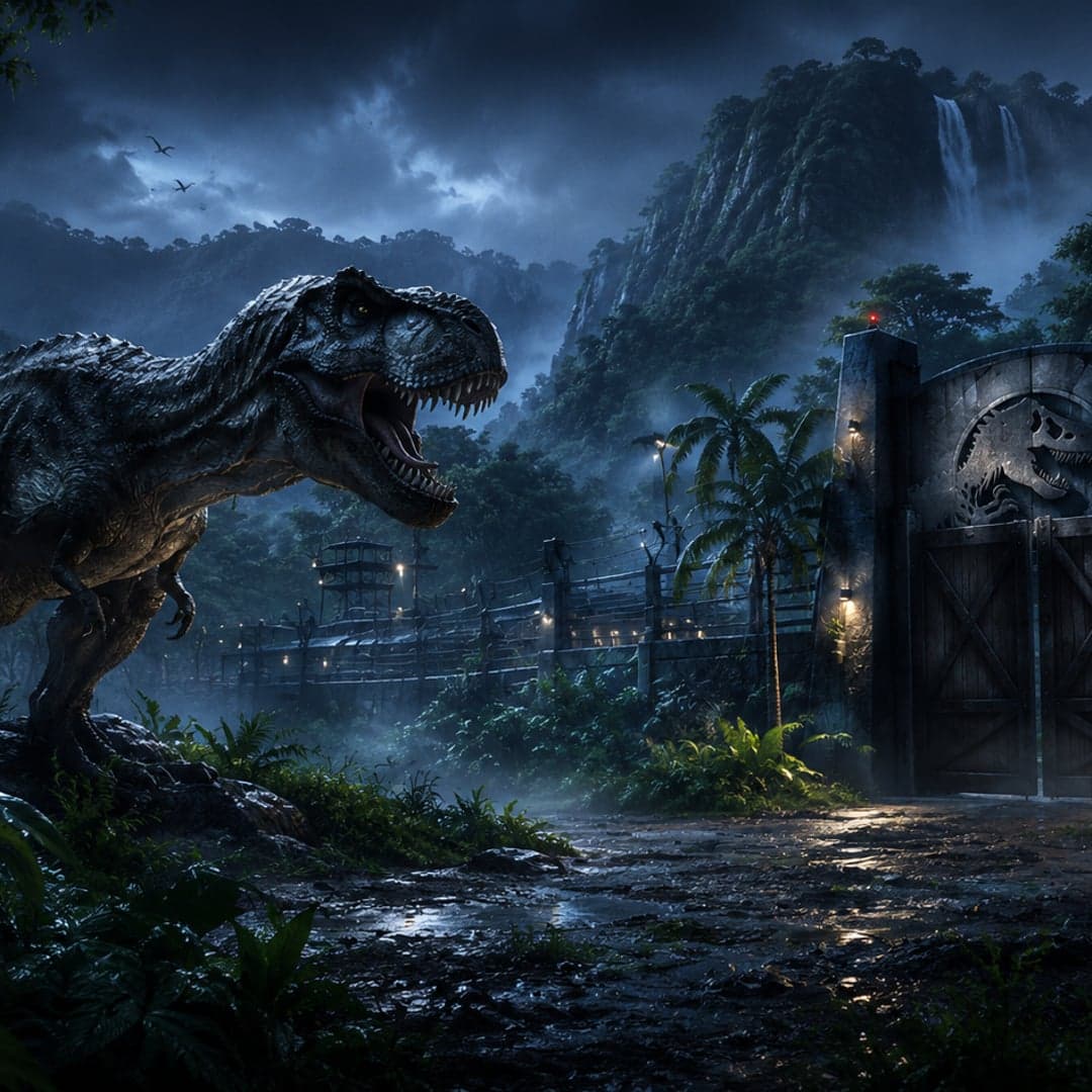 Jurassic World key art — Jurassic World (Universal Pictures) themed slot by Microgaming, 2018