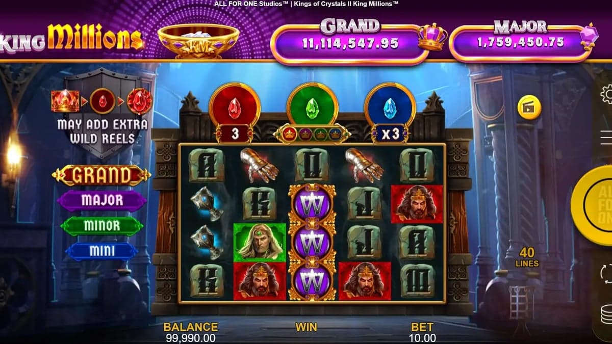 Kings of Crystals II: King Millions base game screenshot — 5×4 reels, jackpot meter at top