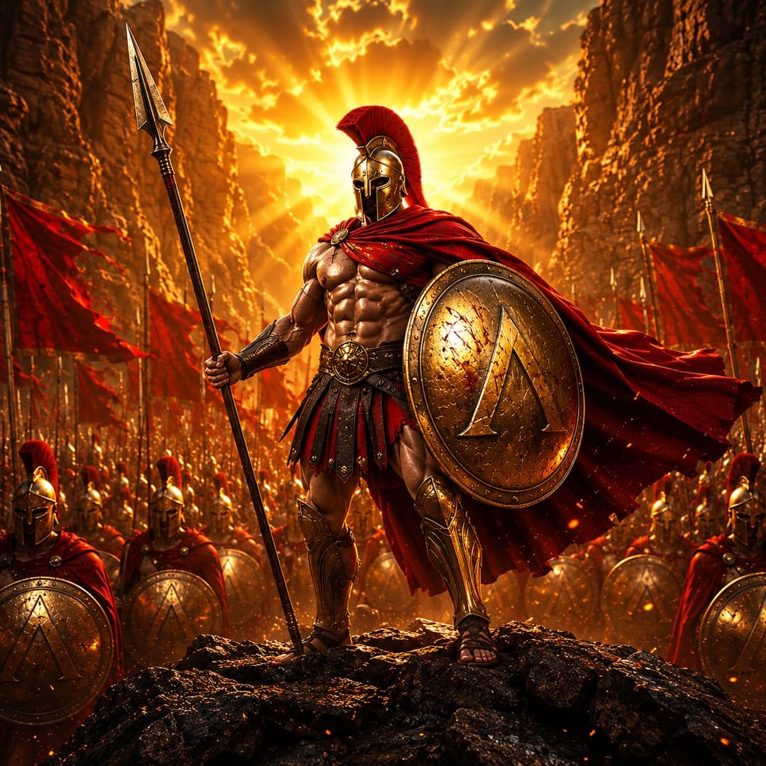Magnificent Power Spartan key art — Ancient Spartan warriors — helmets, swords and shields on a fire-lit colonnade battlefield themed slot by Oros Gaming, 2025