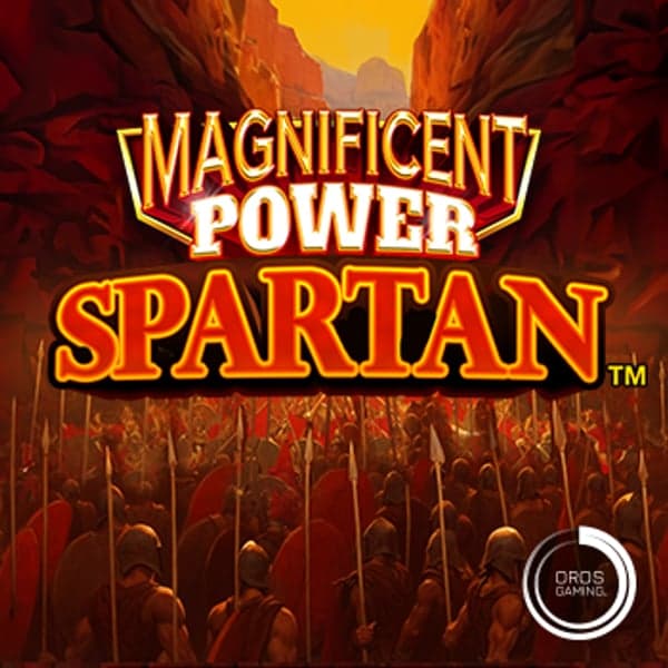 Magnificent Power Spartan — Ancient Spartan warriors — helmets, swords and shields on a fire-lit colonnade battlefield themed slot