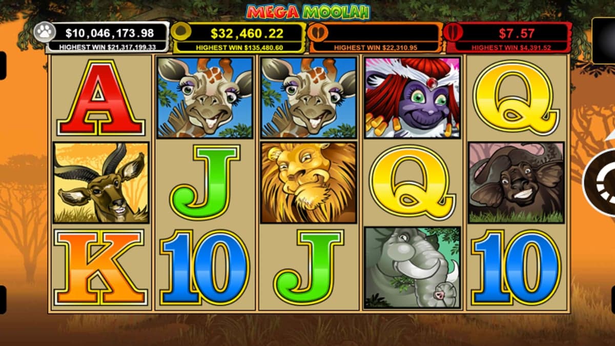 Mega Moolah base game screenshot — 5×3 reels, jackpot meter at top