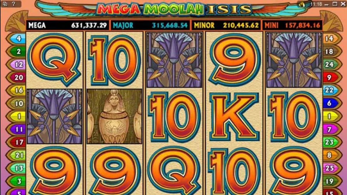 Mega Moolah Isis base game screenshot — 5×3 reels, jackpot meter at top