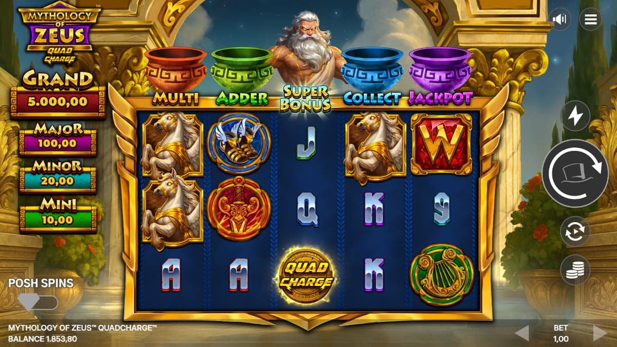Mythology of Zeus QUADCHARGE base game screenshot — 5×3 reels