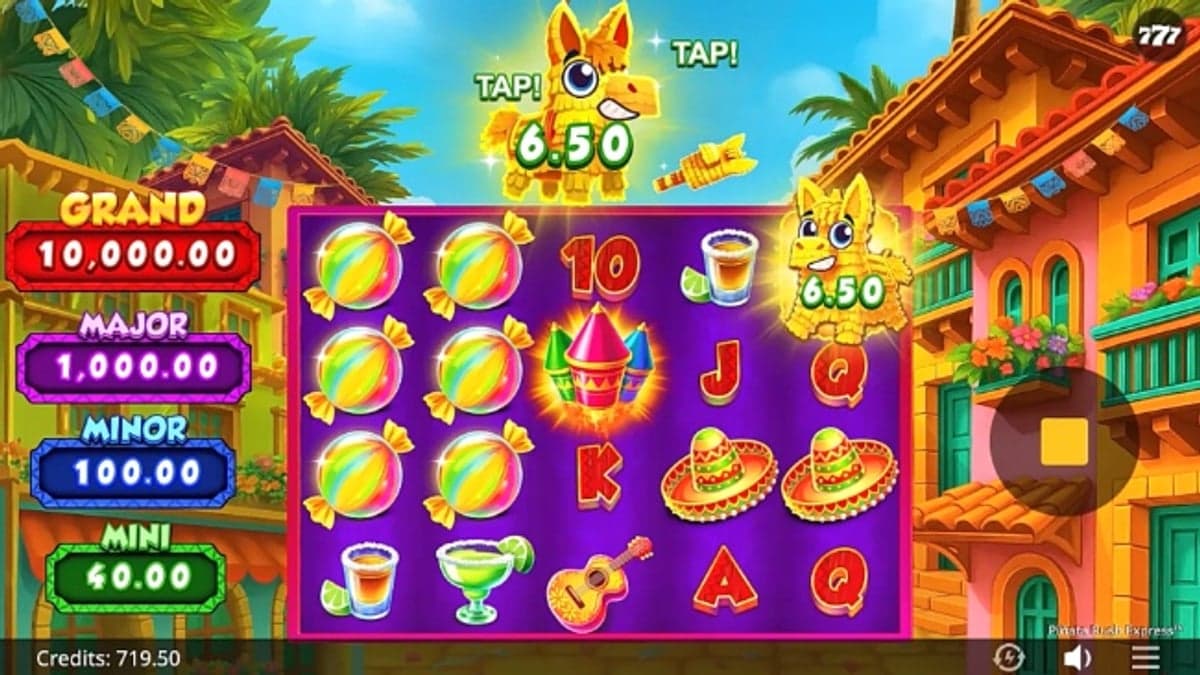 Piñata Rush Express base game screenshot — 5×4 reels
