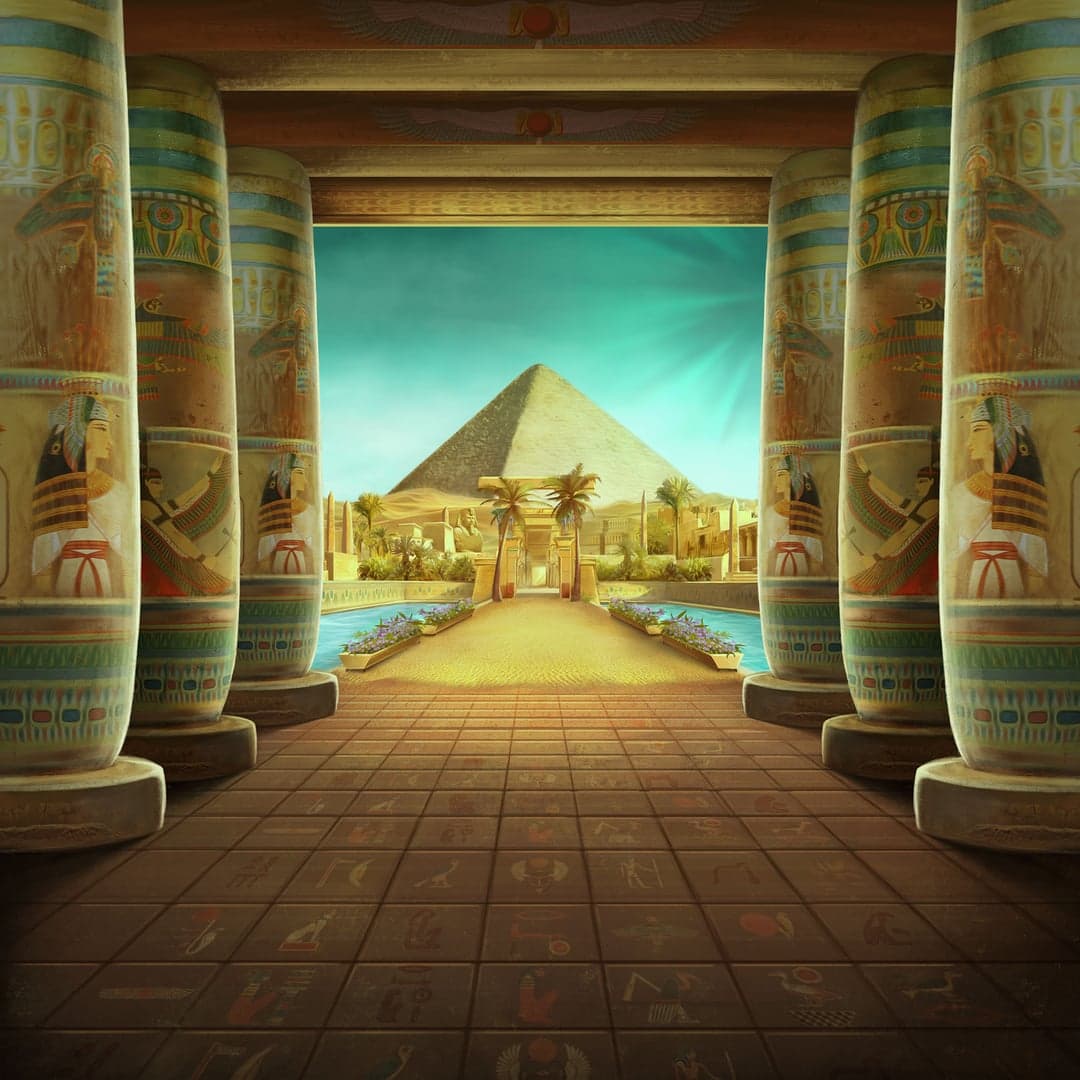 Queen of Alexandria WowPot key art — Ancient Egypt — Cleopatra, Alexandria and gemstone symbols themed slot by Neon Valley Studios, 2021