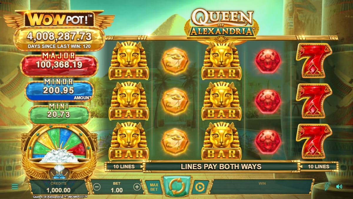 Queen of Alexandria WowPot base game screenshot — 5×3 reels, jackpot meter at top